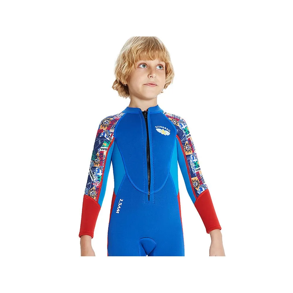 2.5mm Neoprene Knee Length Kids Swimsuit, Blue & Bright Red Travel Theme, Full Sleeves swimwear