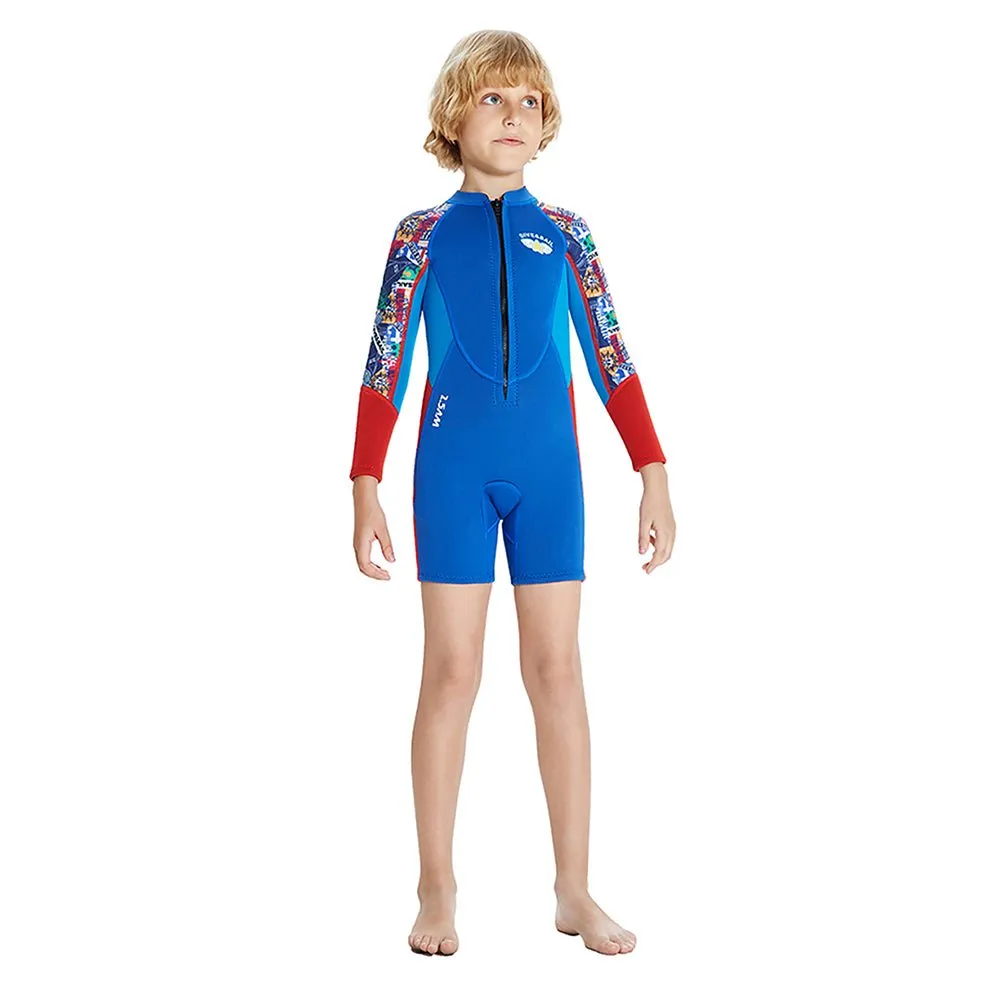 2.5mm Neoprene Knee Length Kids Swimsuit, Blue & Bright Red Travel Theme, Full Sleeves swimwear