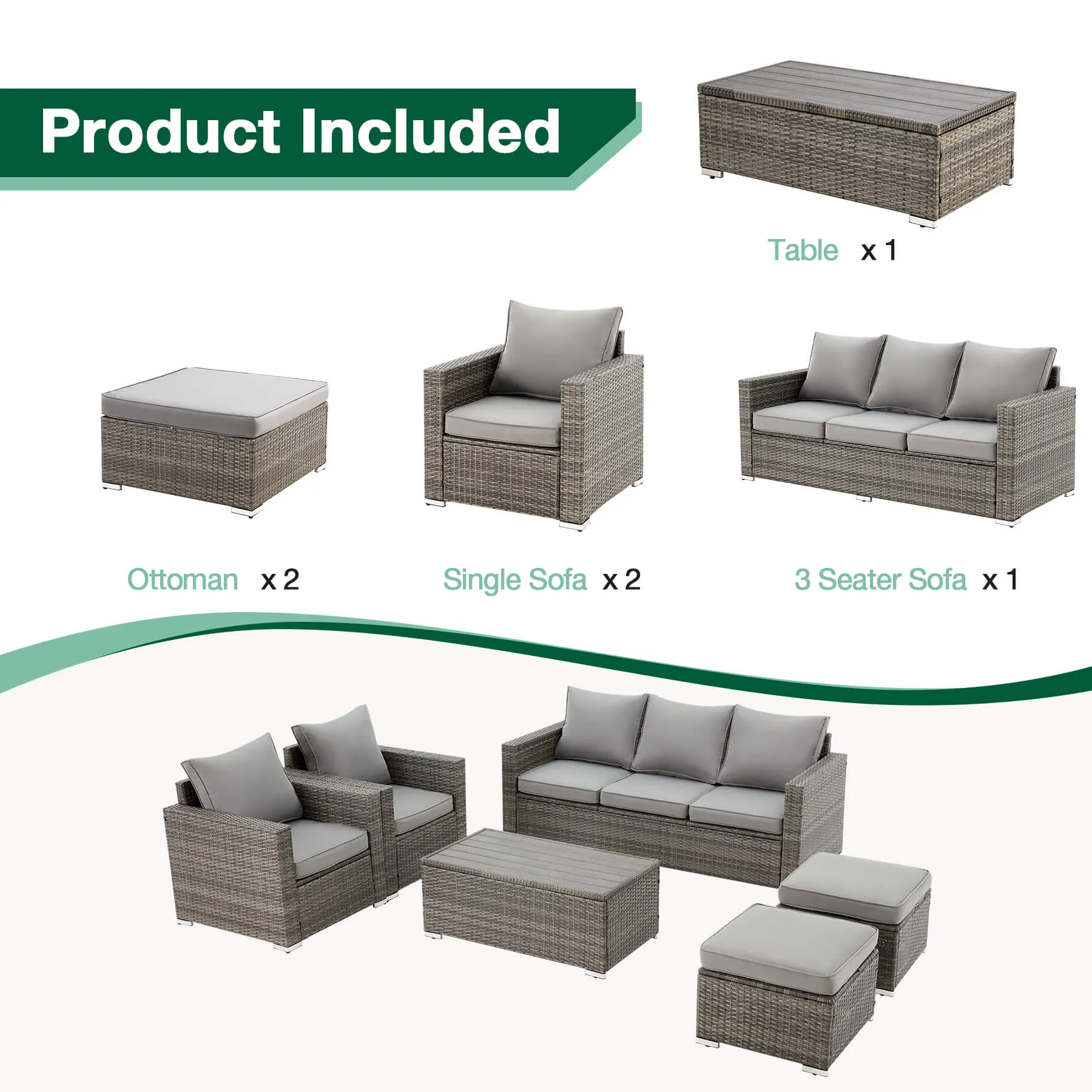 6 Pieces Outdoor Sectional Sofa Sets with Coffee Table, Patio Sectional Furniture Gray