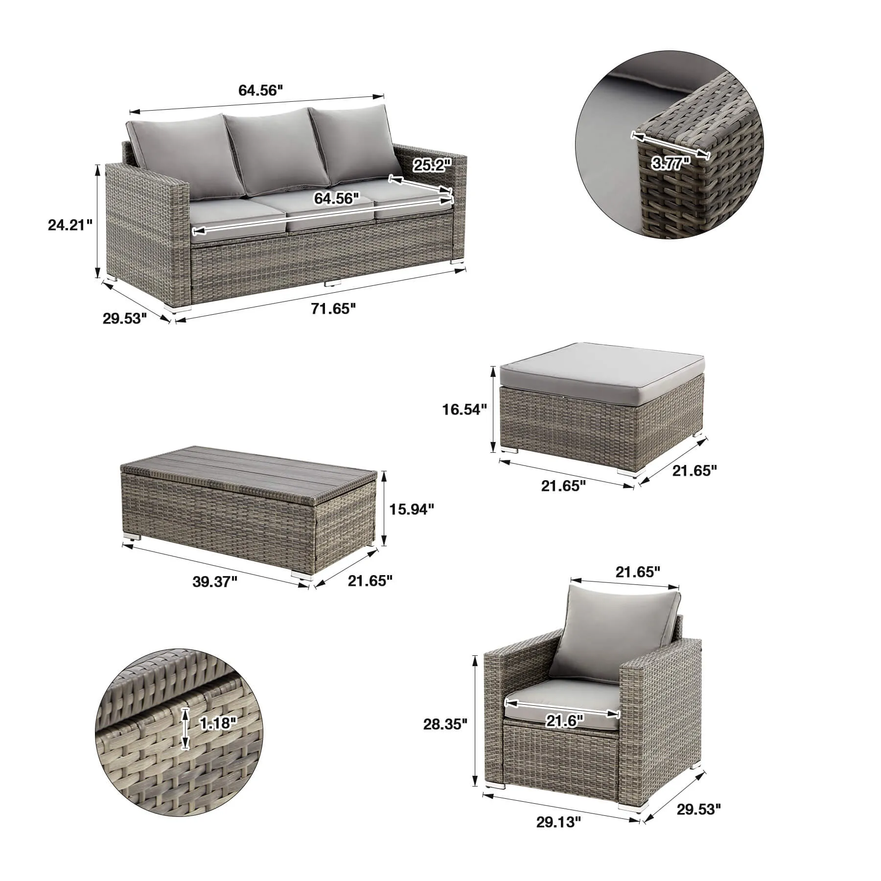 6 Pieces Outdoor Sectional Sofa Sets with Coffee Table, Patio Sectional Furniture Gray