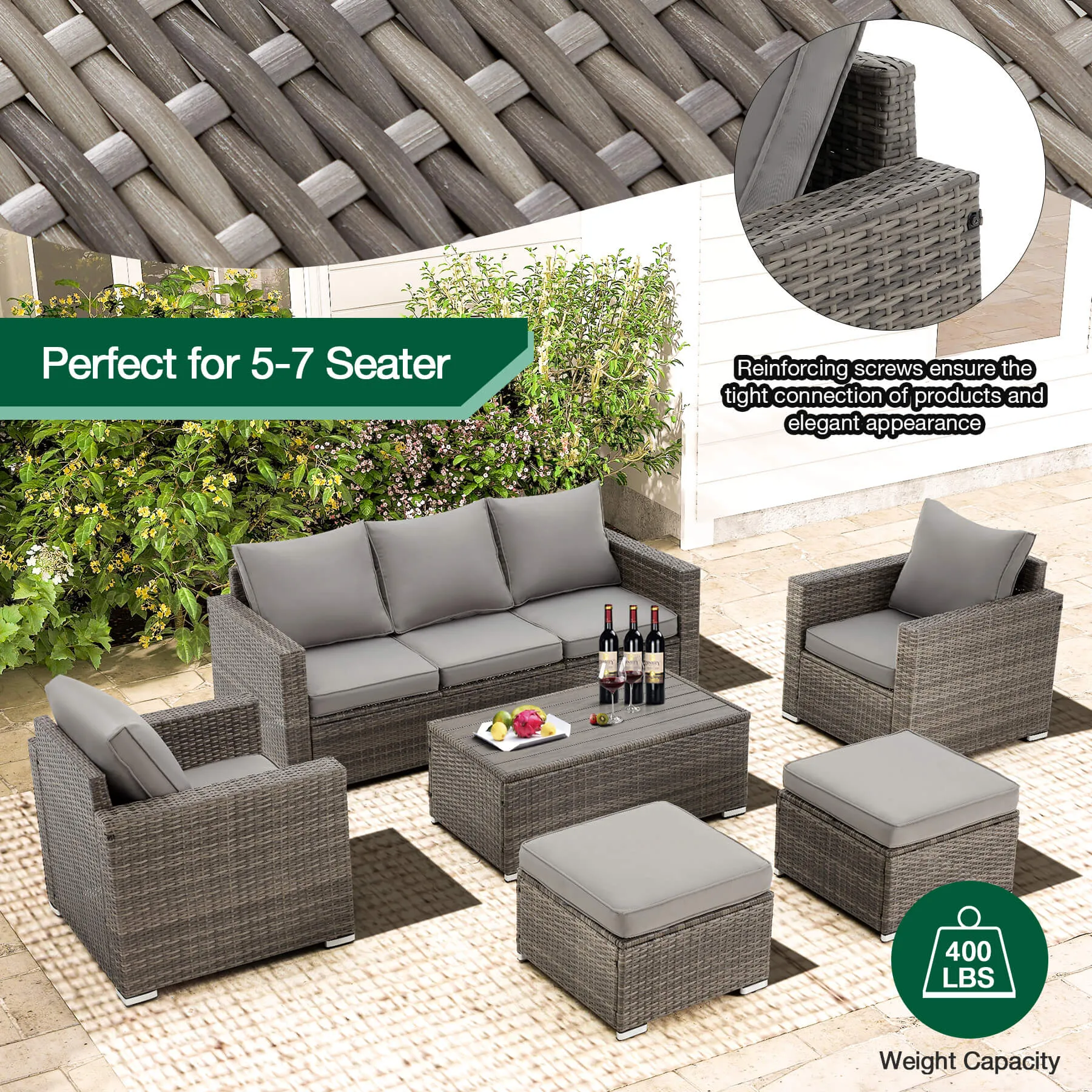 6 Pieces Outdoor Sectional Sofa Sets with Coffee Table, Patio Sectional Furniture Gray