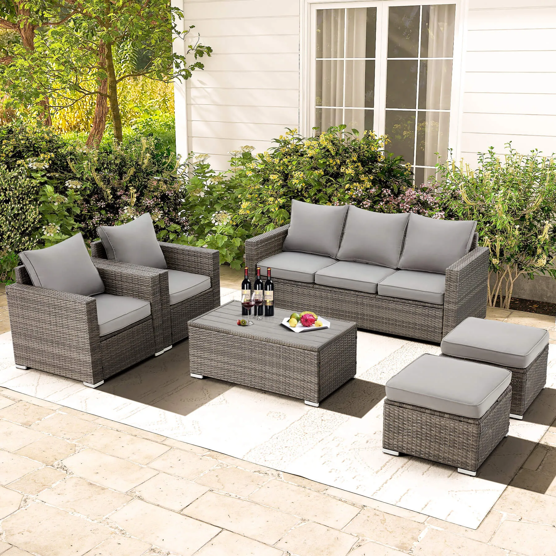 6 Pieces Outdoor Sectional Sofa Sets with Coffee Table, Patio Sectional Furniture Gray