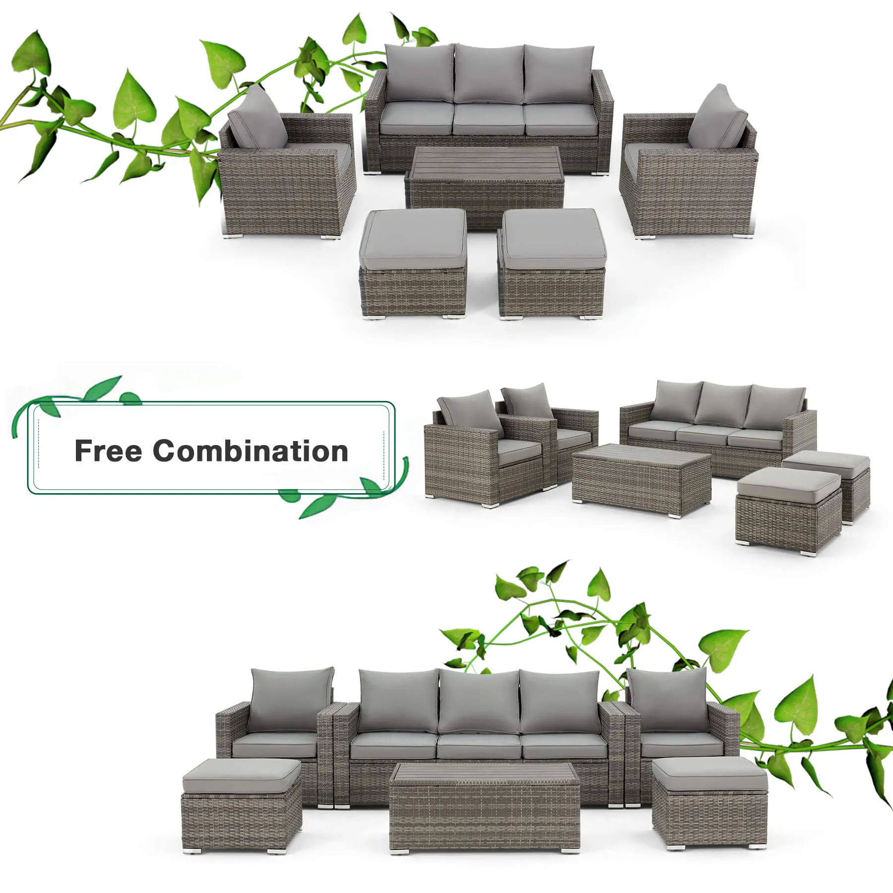 6 Pieces Outdoor Sectional Sofa Sets with Coffee Table, Patio Sectional Furniture Gray