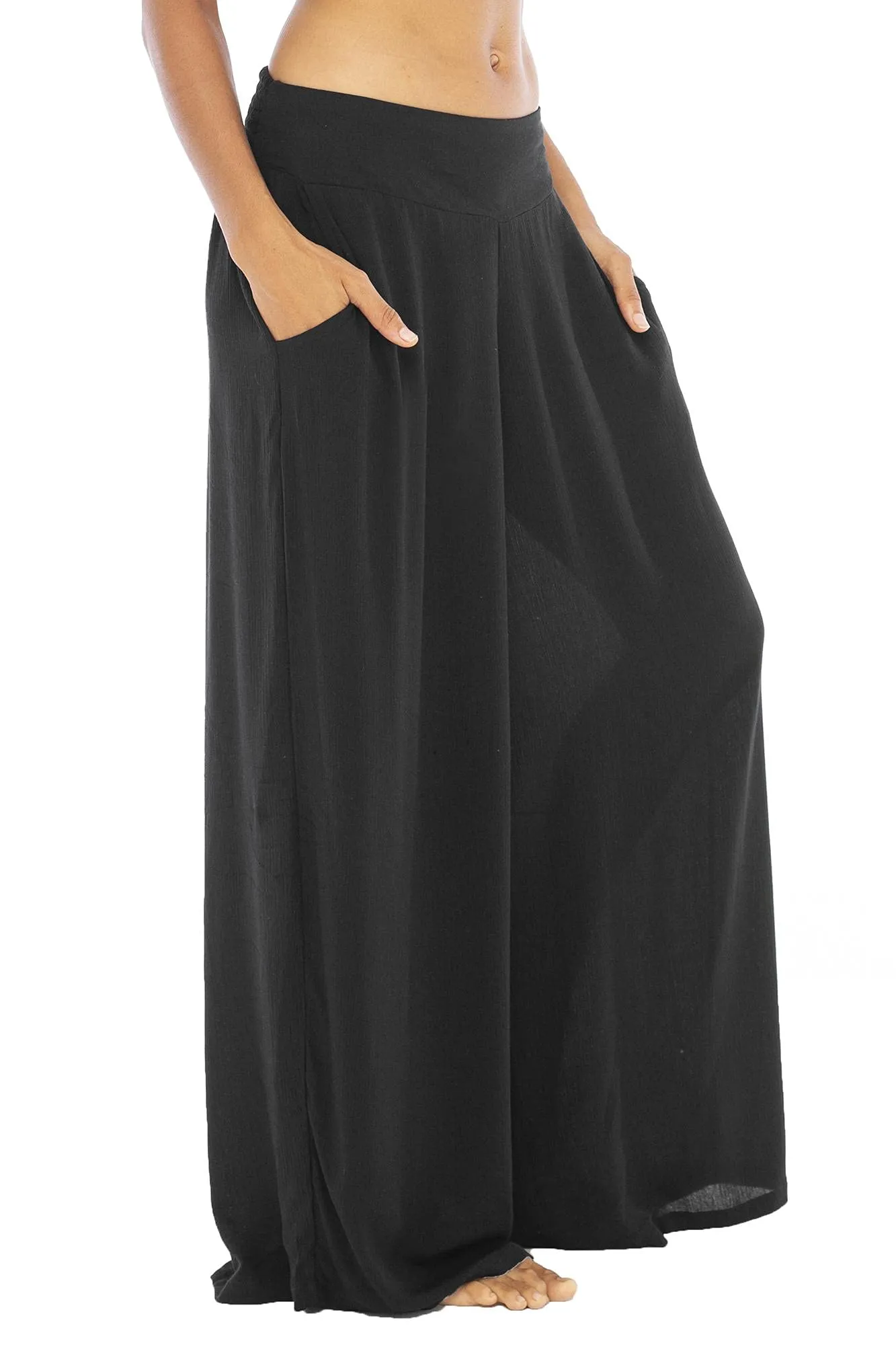 Back From Bali Womens Boho Palazzo Pants Flowy Wide Leg Hippie Beach Pants with Side Pockets and Smocked Waist