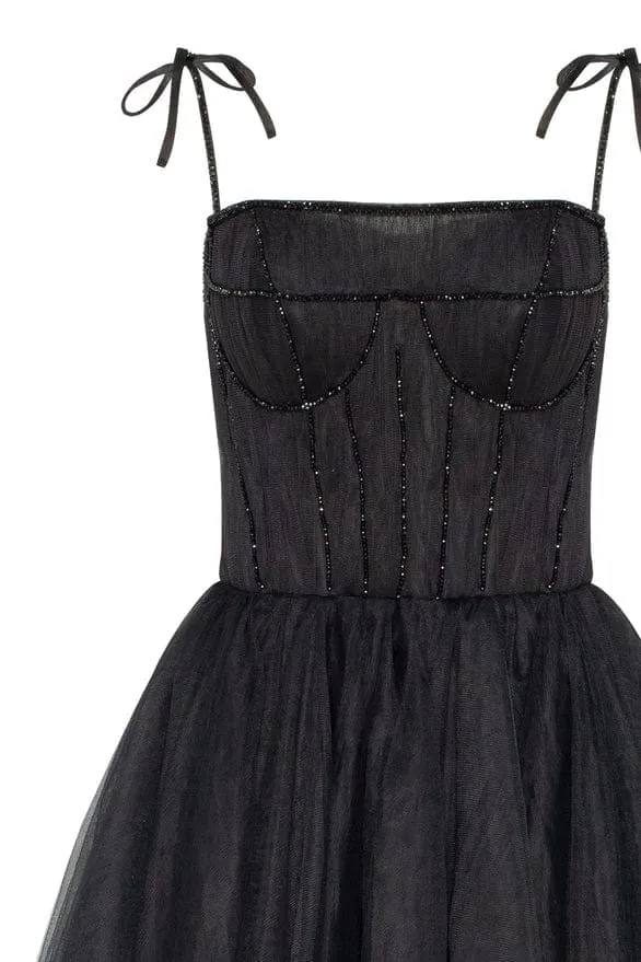 Black Tie-strap cocktail dress with the elegant corset embroidery