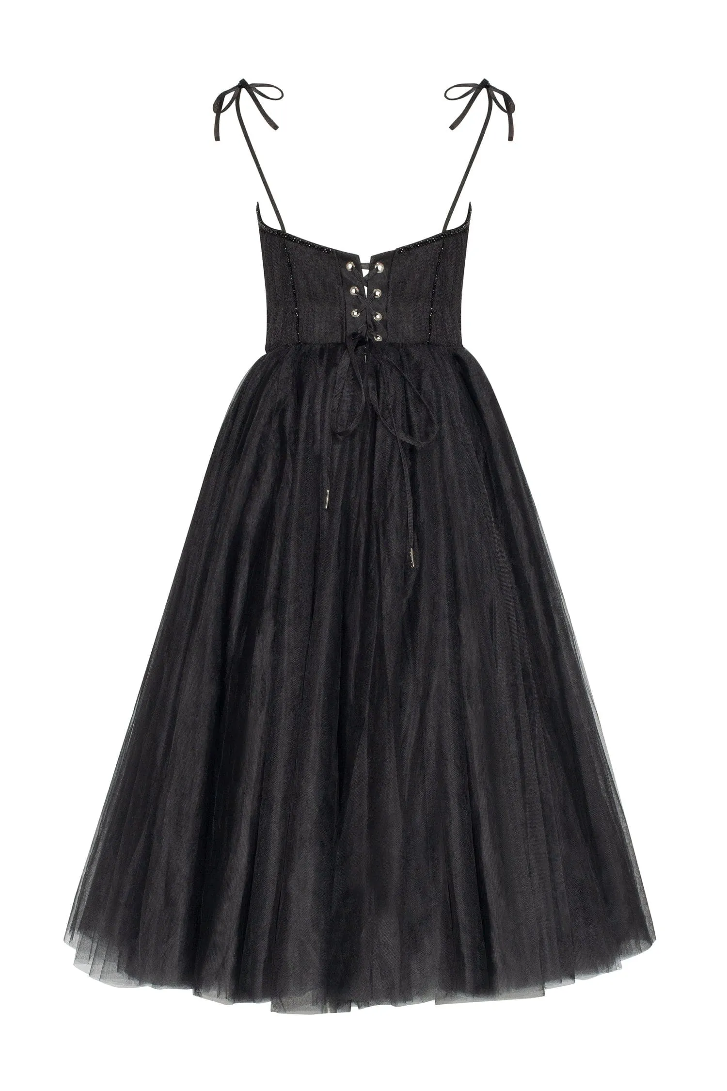 Black Tie-strap cocktail dress with the elegant corset embroidery