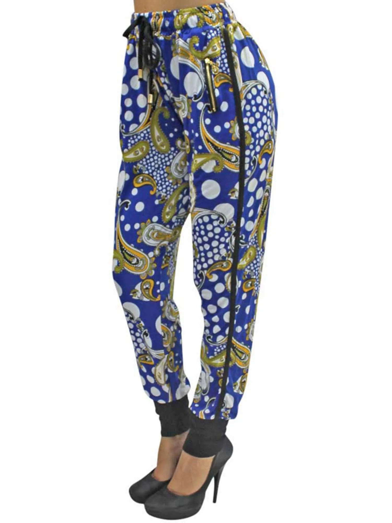 Blue Colorful Paisley Jogger Pants With Tuxedo Stripe