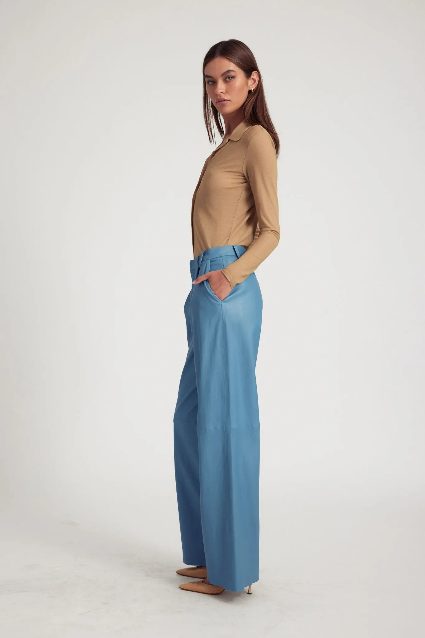 Chambray Blue Leather Pleated Trousers