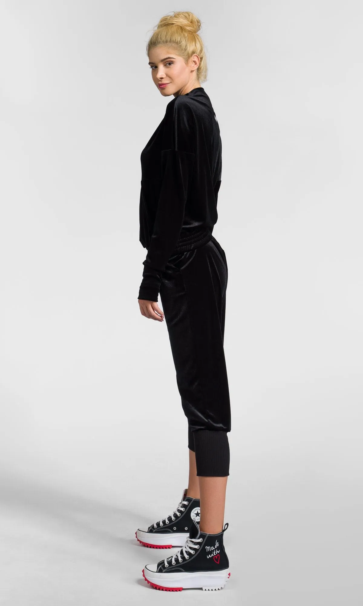 Cropped Velvet Pants with Rib Cuffs