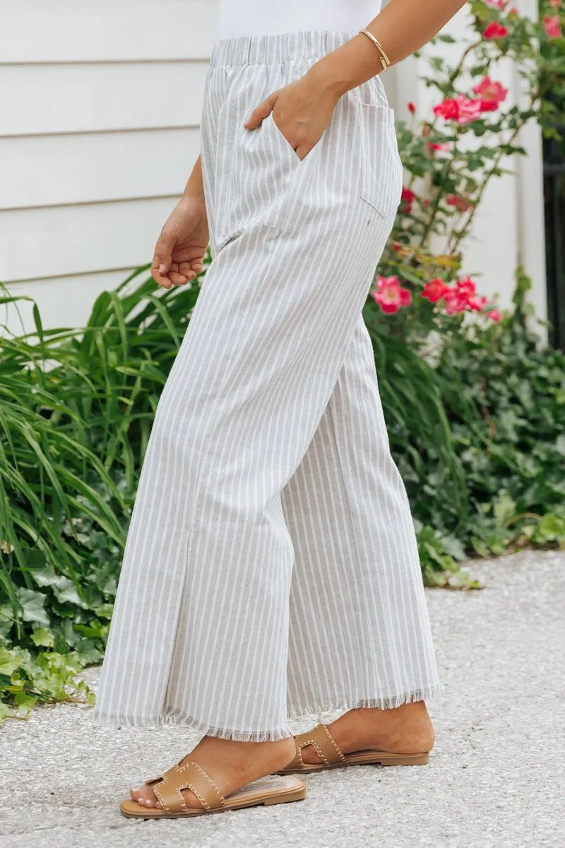 Grey Striped Elastic Waist Slit Linen Pants - FINAL SALE