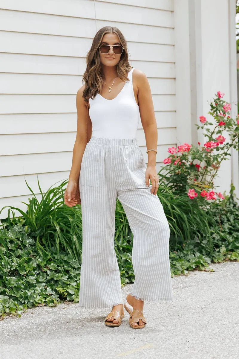 Grey Striped Elastic Waist Slit Linen Pants - FINAL SALE