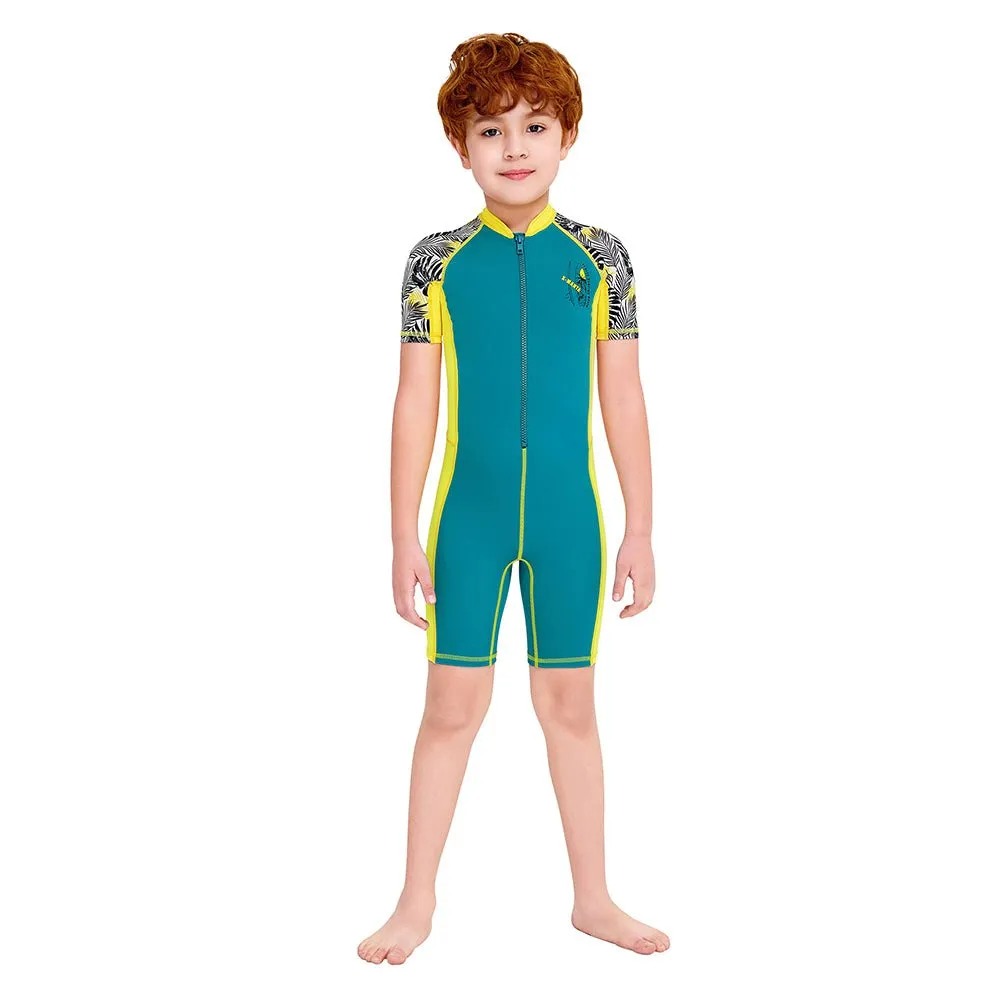 Half Sleeves Kids Swimwear Yellow & Green Palm Leaves Printed Sleeves, Knee Length with UPF 50 