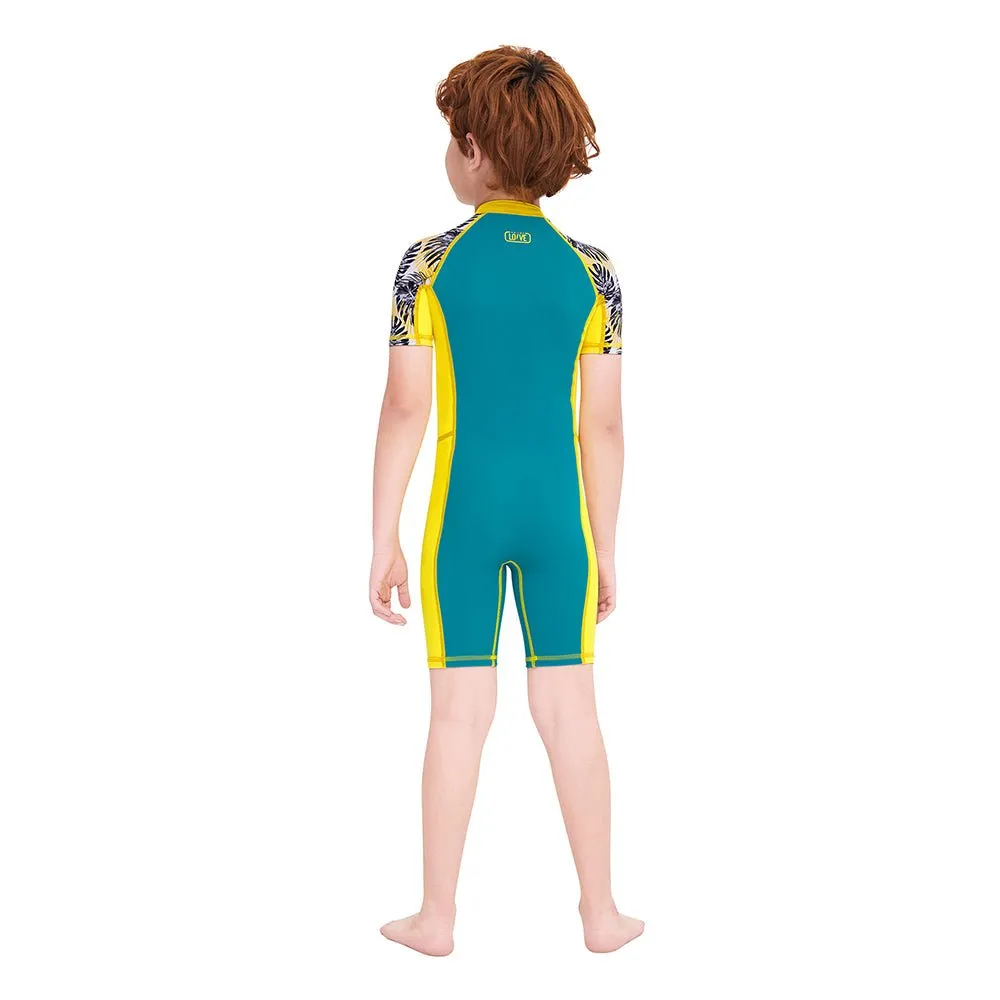 Half Sleeves Kids Swimwear Yellow & Green Palm Leaves Printed Sleeves, Knee Length with UPF 50 