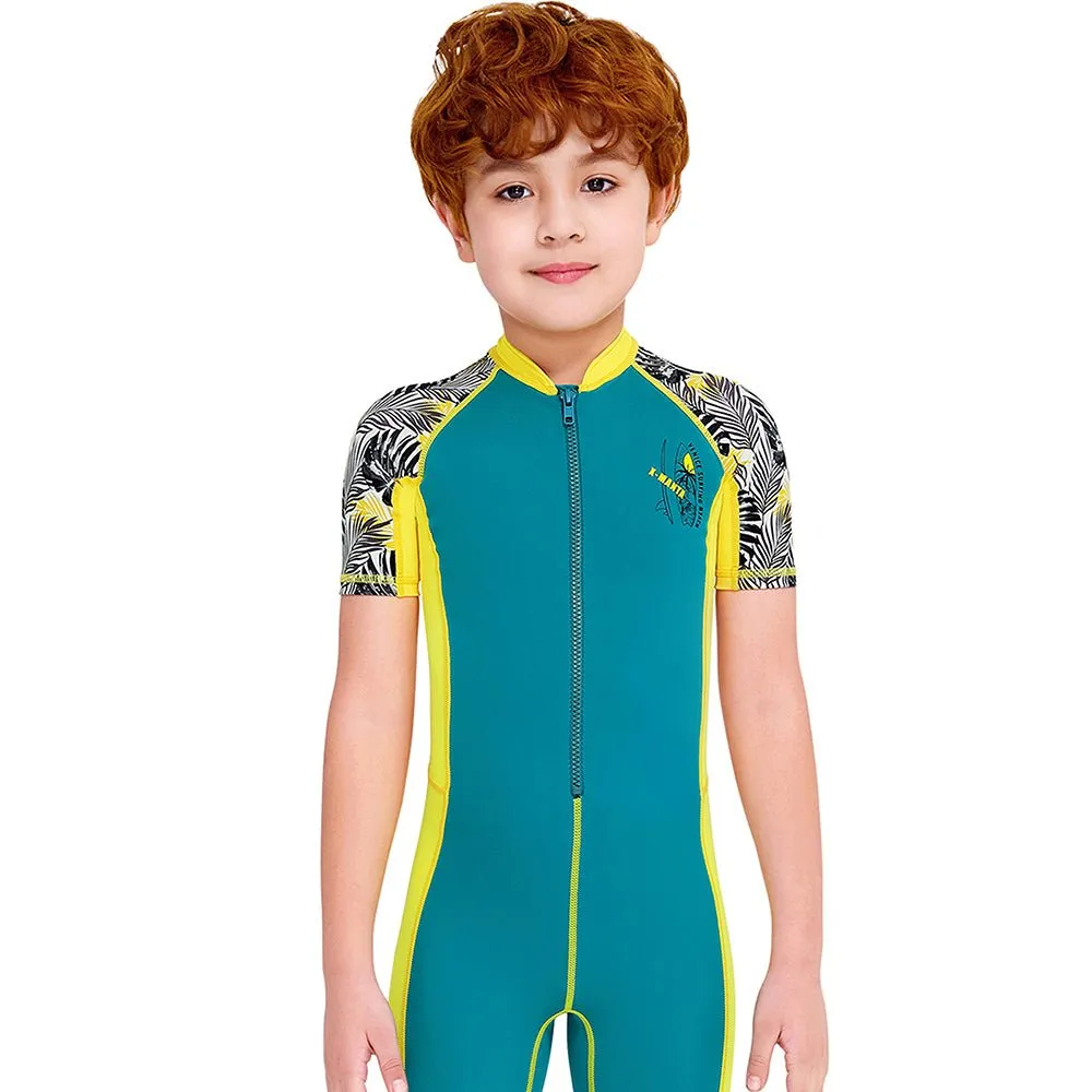 Half Sleeves Kids Swimwear Yellow & Green Palm Leaves Printed Sleeves, Knee Length with UPF 50 