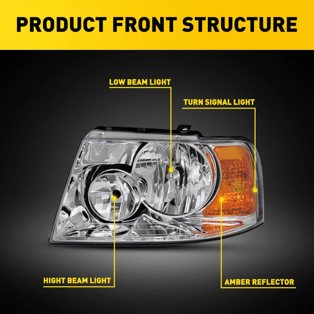 Headlight Assembly for 2003 -2006 Ford Expedition Chrome Housing Amber Corner