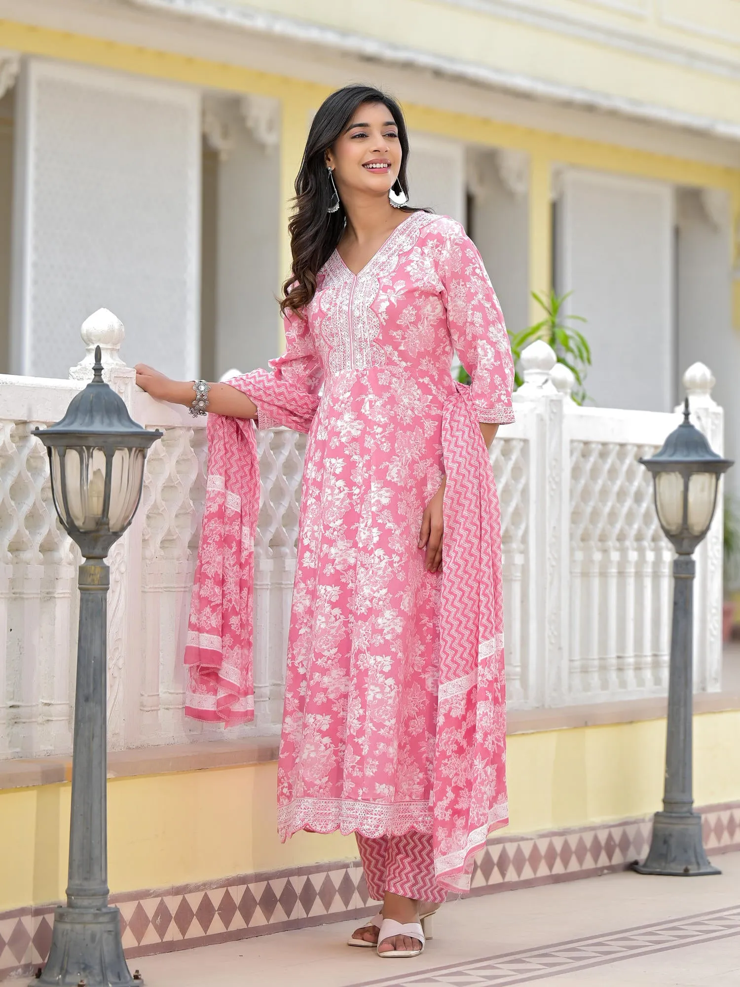 Juniper Pink Floral Printed Rayon Kurta, Pant And Dupatta Set With Thread & Sequins Work