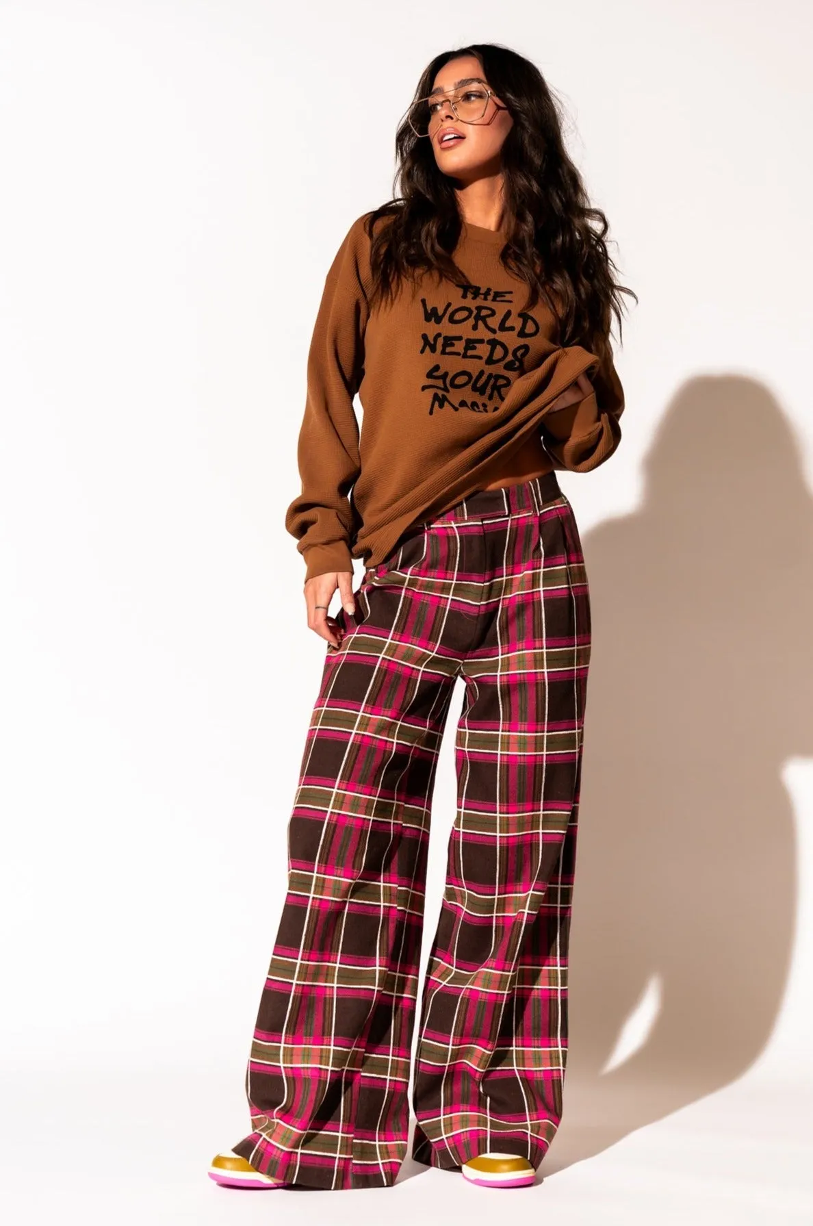 Lovers Lane Plaid Wide Leg Trousers in Pink