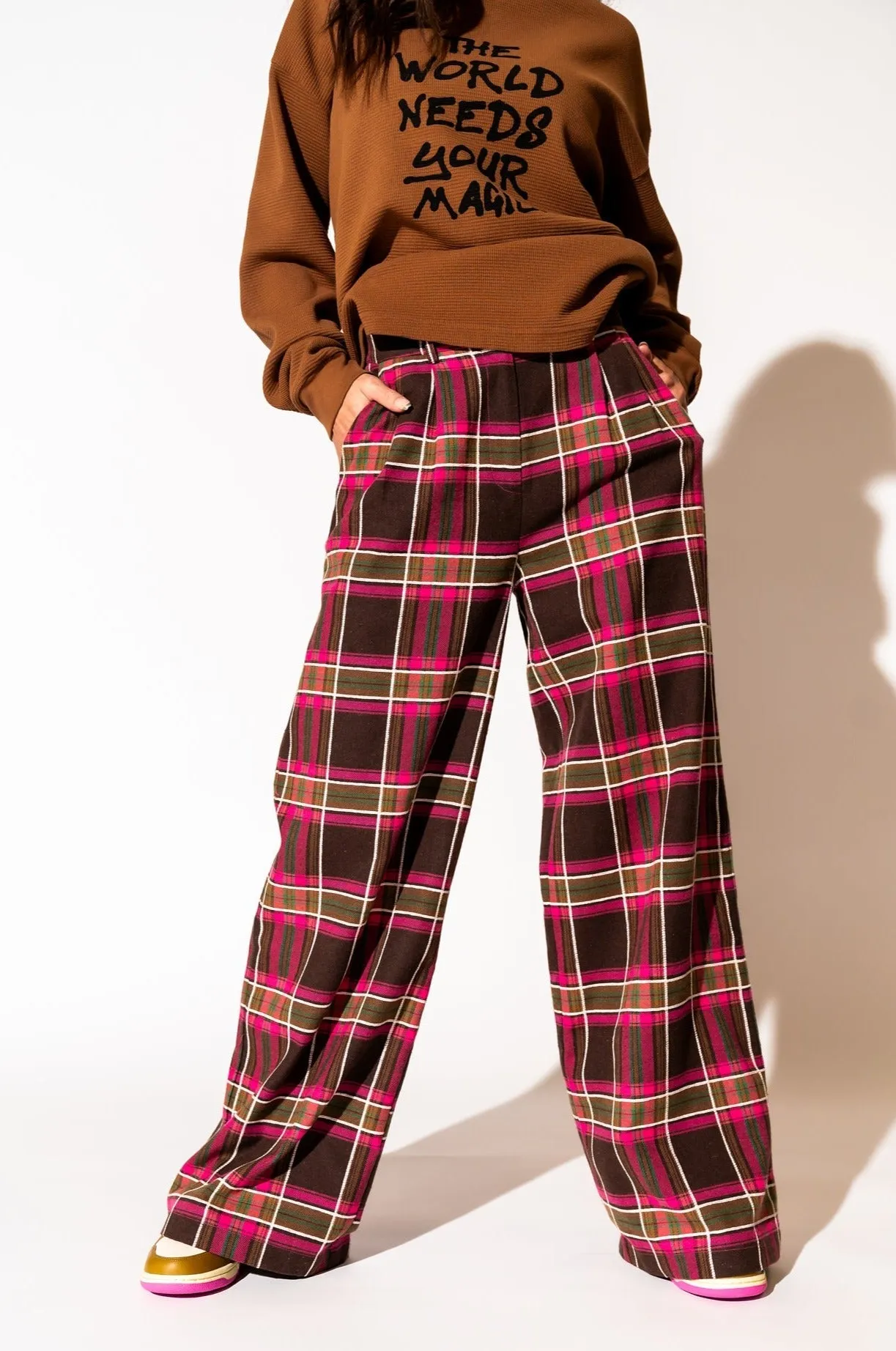 Lovers Lane Plaid Wide Leg Trousers in Pink