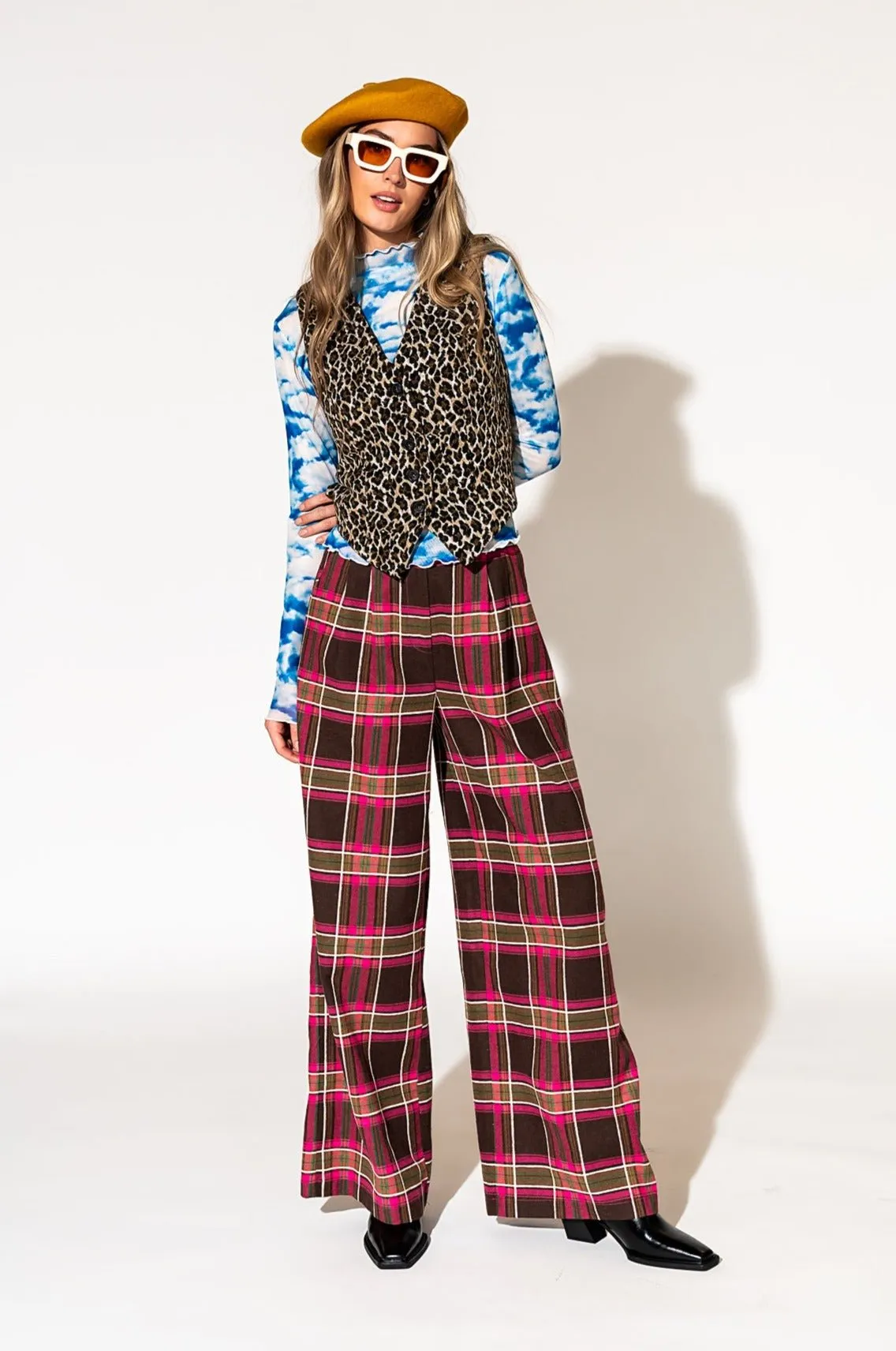 Lovers Lane Plaid Wide Leg Trousers in Pink