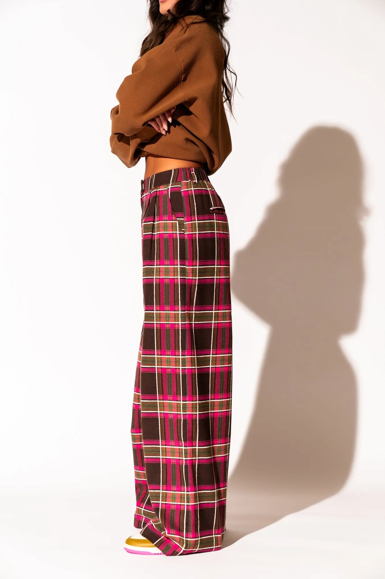 Lovers Lane Plaid Wide Leg Trousers in Pink