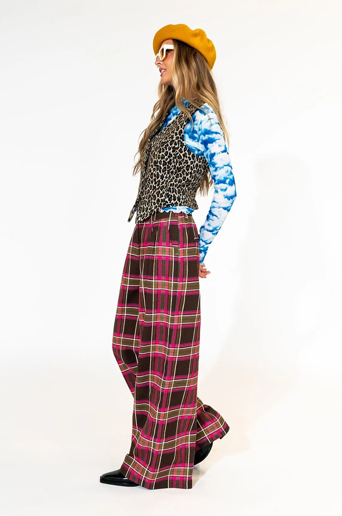 Lovers Lane Plaid Wide Leg Trousers in Pink