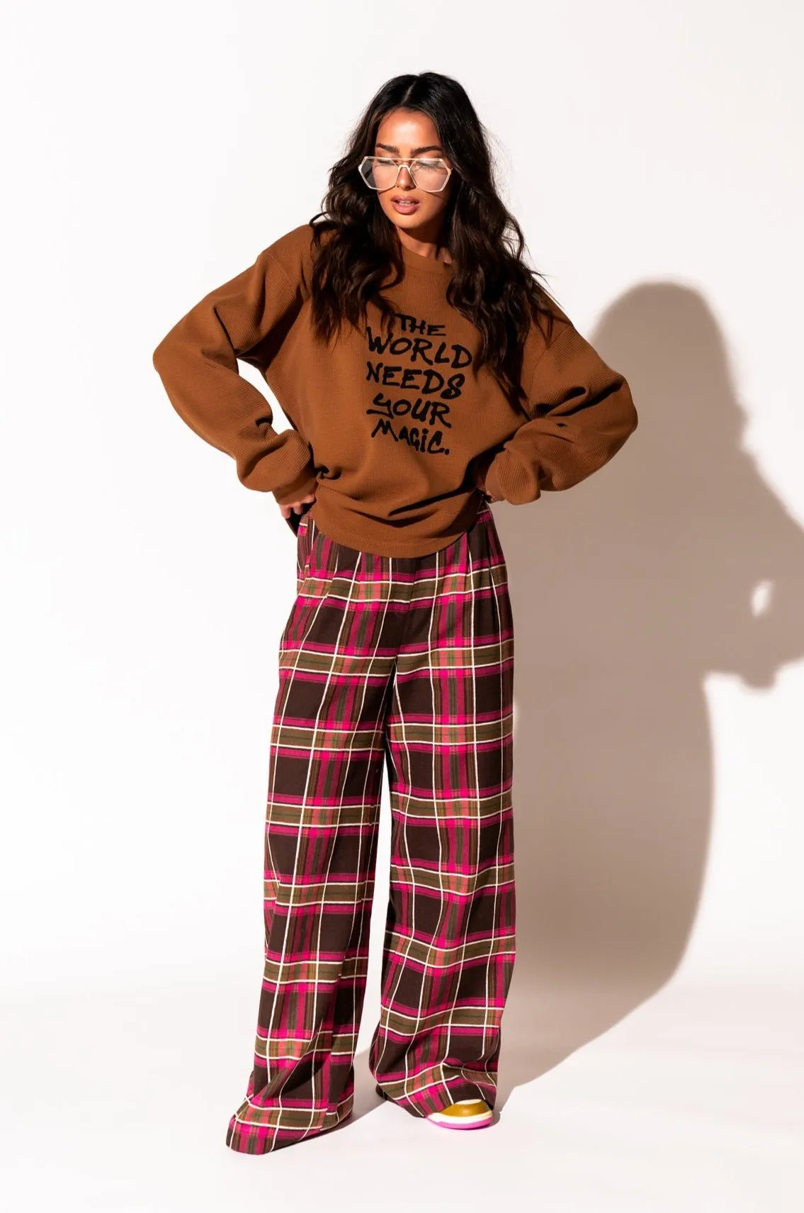 Lovers Lane Plaid Wide Leg Trousers in Pink