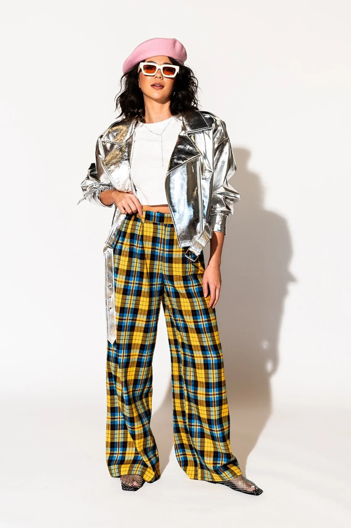 Lovers Lane Plaid Wide Leg Trousers in Yellow