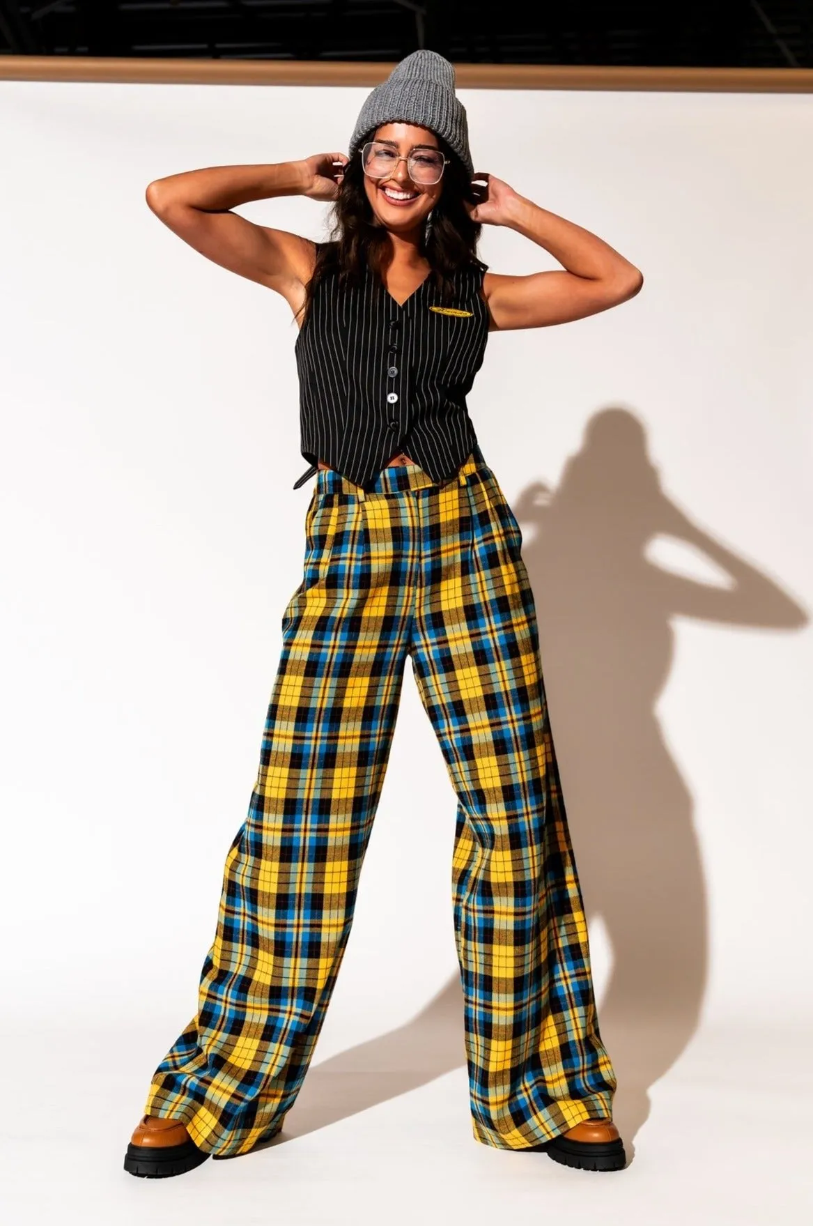 Lovers Lane Plaid Wide Leg Trousers in Yellow