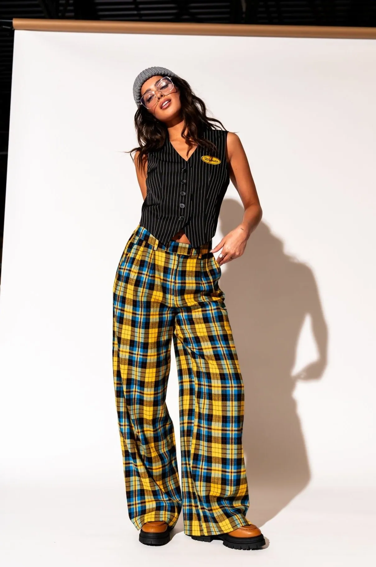 Lovers Lane Plaid Wide Leg Trousers in Yellow