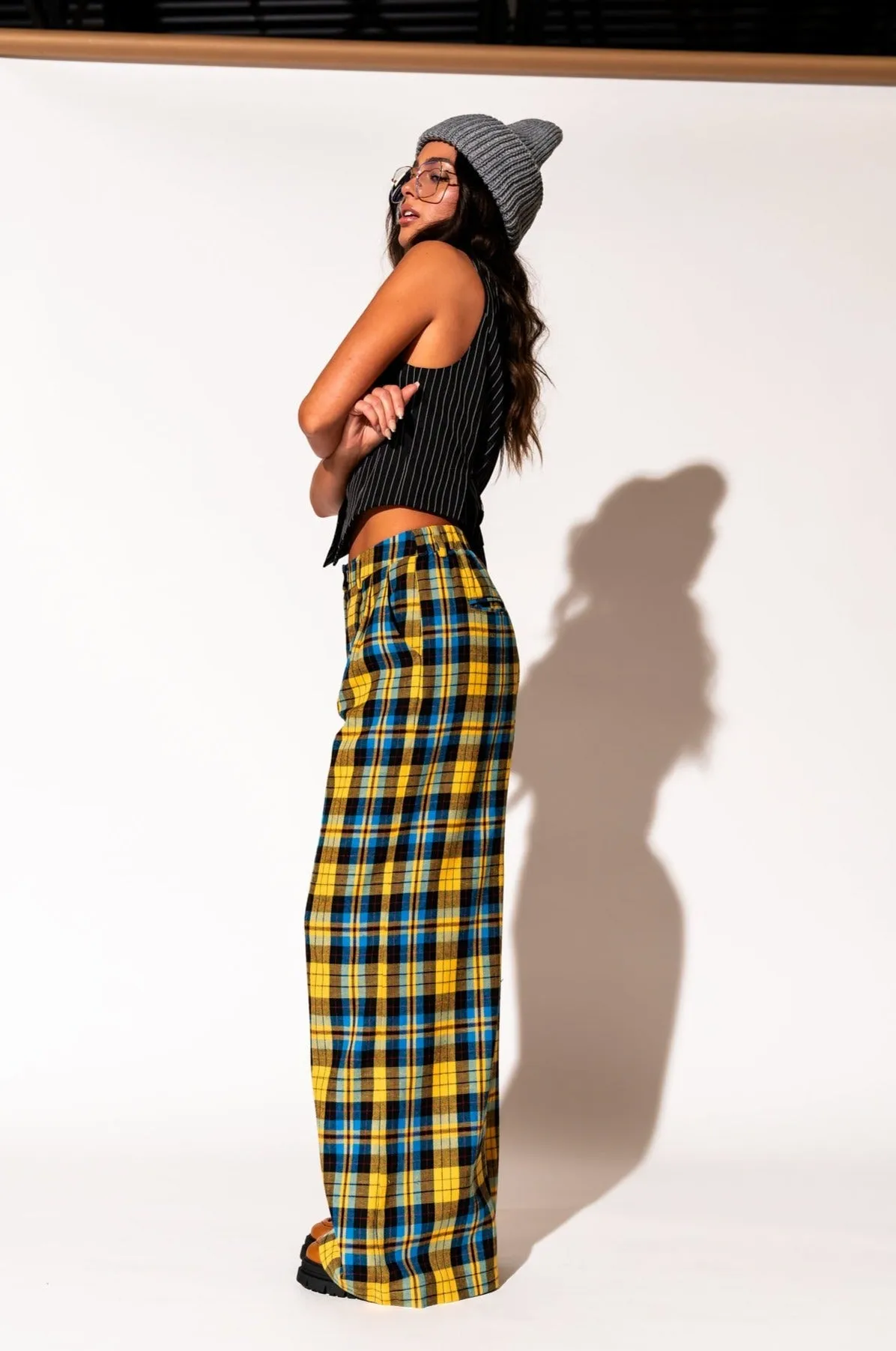 Lovers Lane Plaid Wide Leg Trousers in Yellow