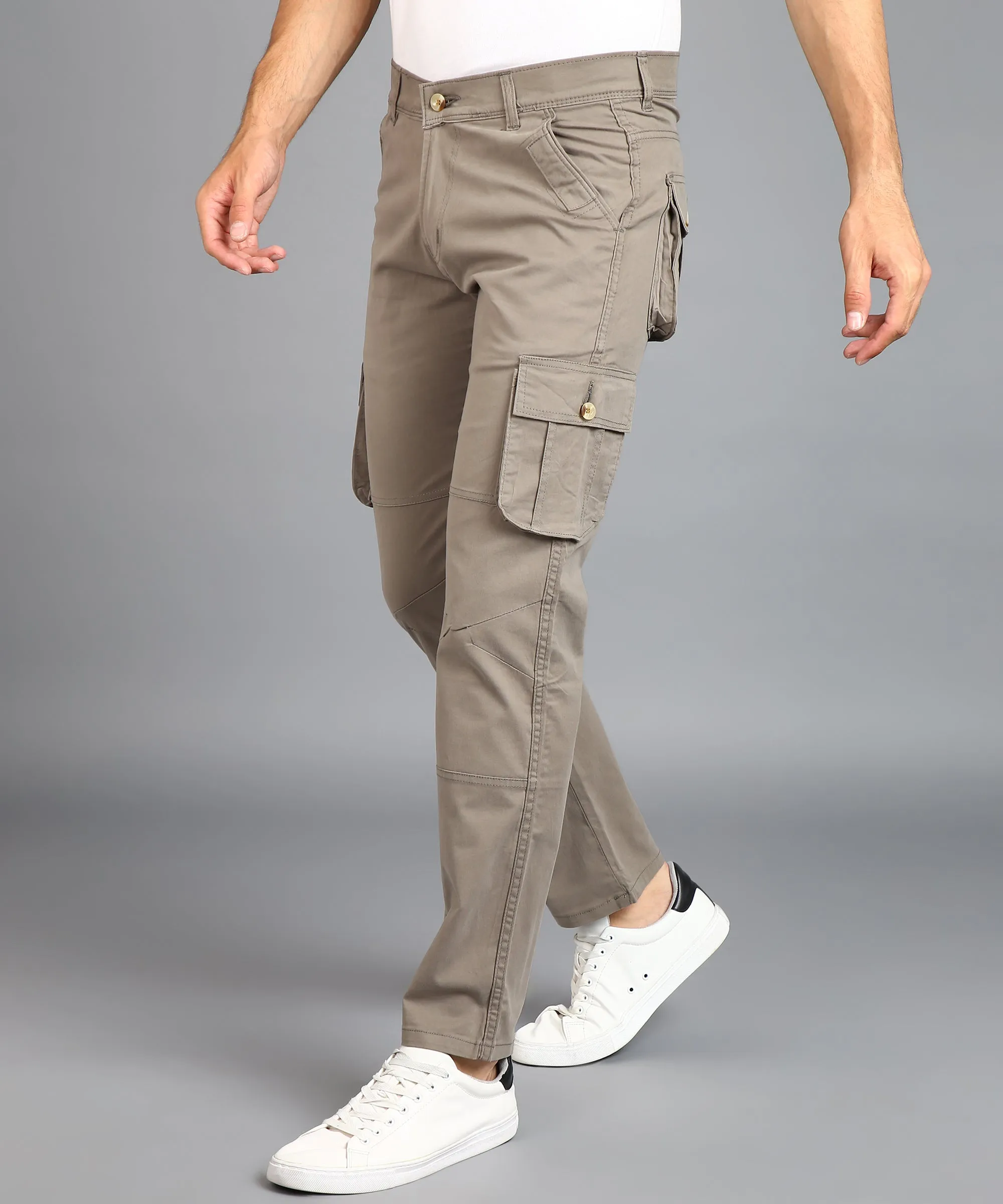 Men's Grey Regular Fit Solid Cargo Chino Pant with 6 Pockets