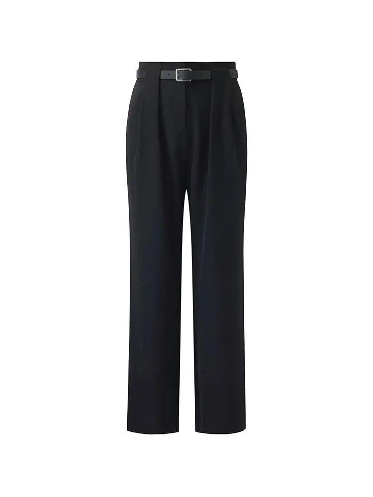 Straight Pleated Women Pants With Belt