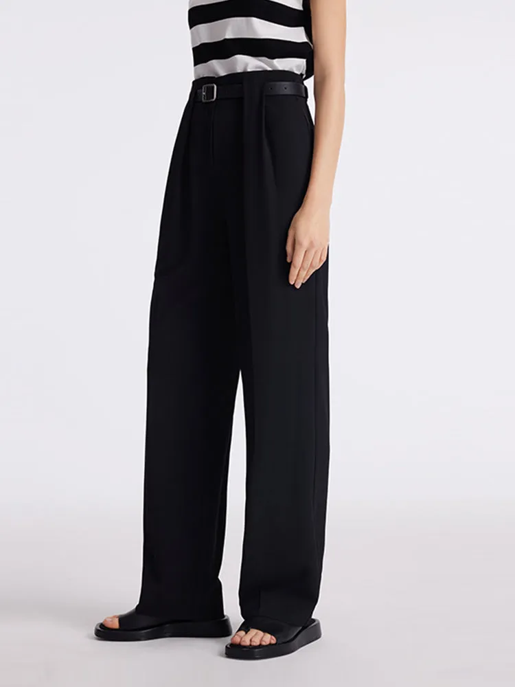 Straight Pleated Women Pants With Belt