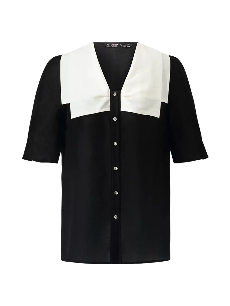 Tencel Patchwork Lapel Women Shirt