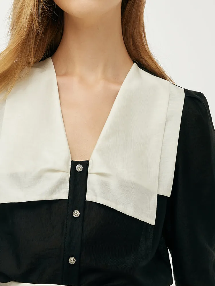 Tencel Patchwork Lapel Women Shirt