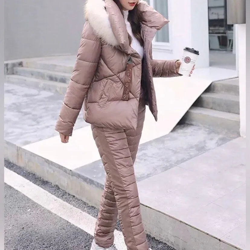 Winter Warm Taupe Puffer separates ski jacket or snow pant coordinate pieces womens Sz XS S M L XL beige cabin cozy quilted insulated