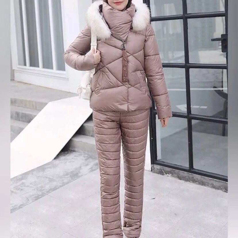 Winter Warm Taupe Puffer separates ski jacket or snow pant coordinate pieces womens Sz XS S M L XL beige cabin cozy quilted insulated