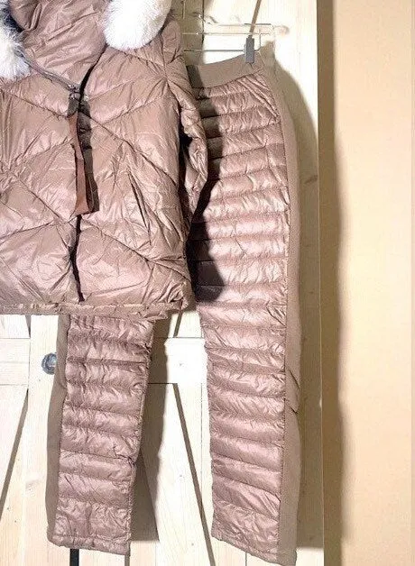 Winter Warm Taupe Puffer separates ski jacket or snow pant coordinate pieces womens Sz XS S M L XL beige cabin cozy quilted insulated