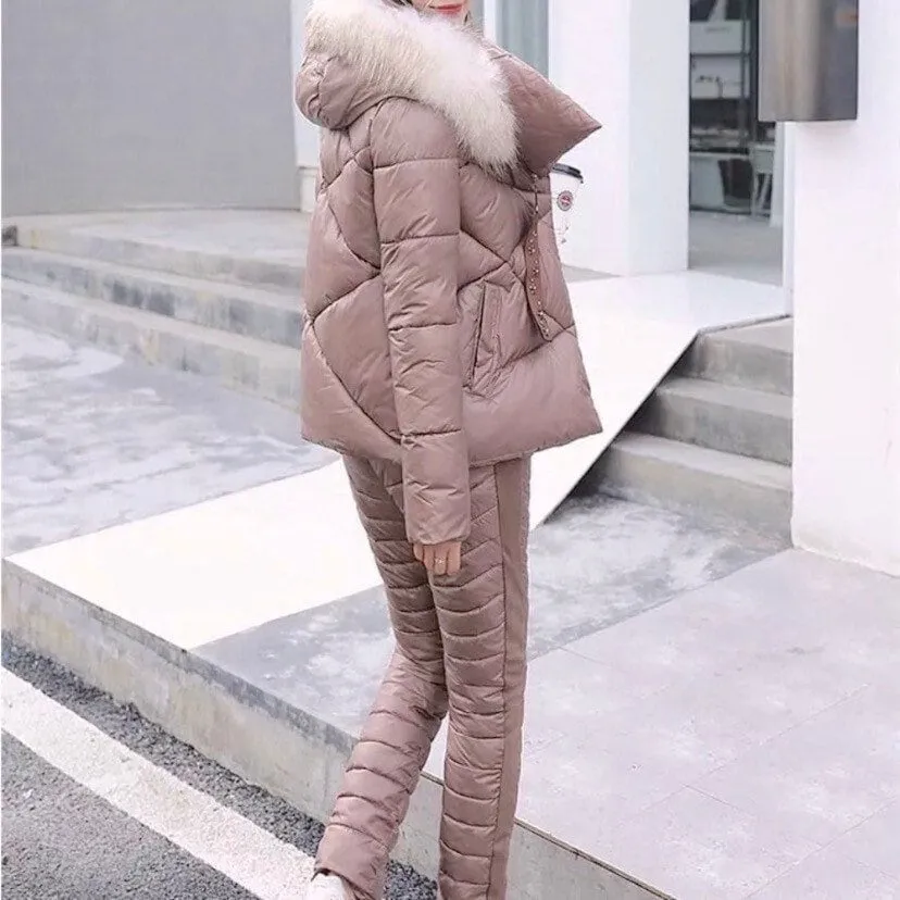 Winter Warm Taupe Puffer separates ski jacket or snow pant coordinate pieces womens Sz XS S M L XL beige cabin cozy quilted insulated