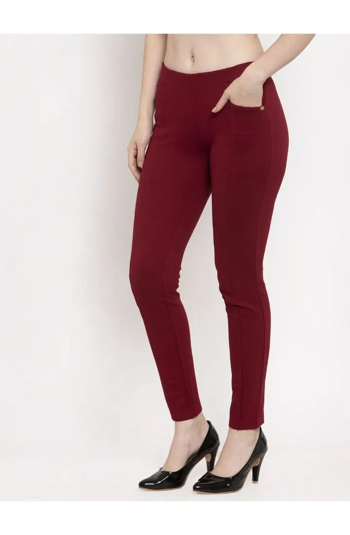 Women  Wine Solid Regular Treggings