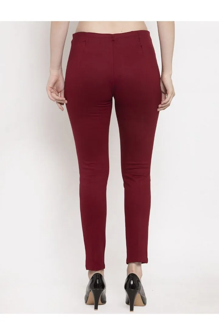 Women  Wine Solid Regular Treggings