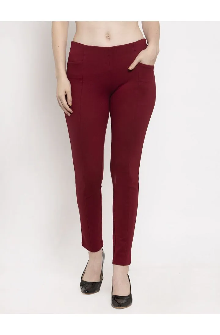 Women  Wine Solid Regular Treggings