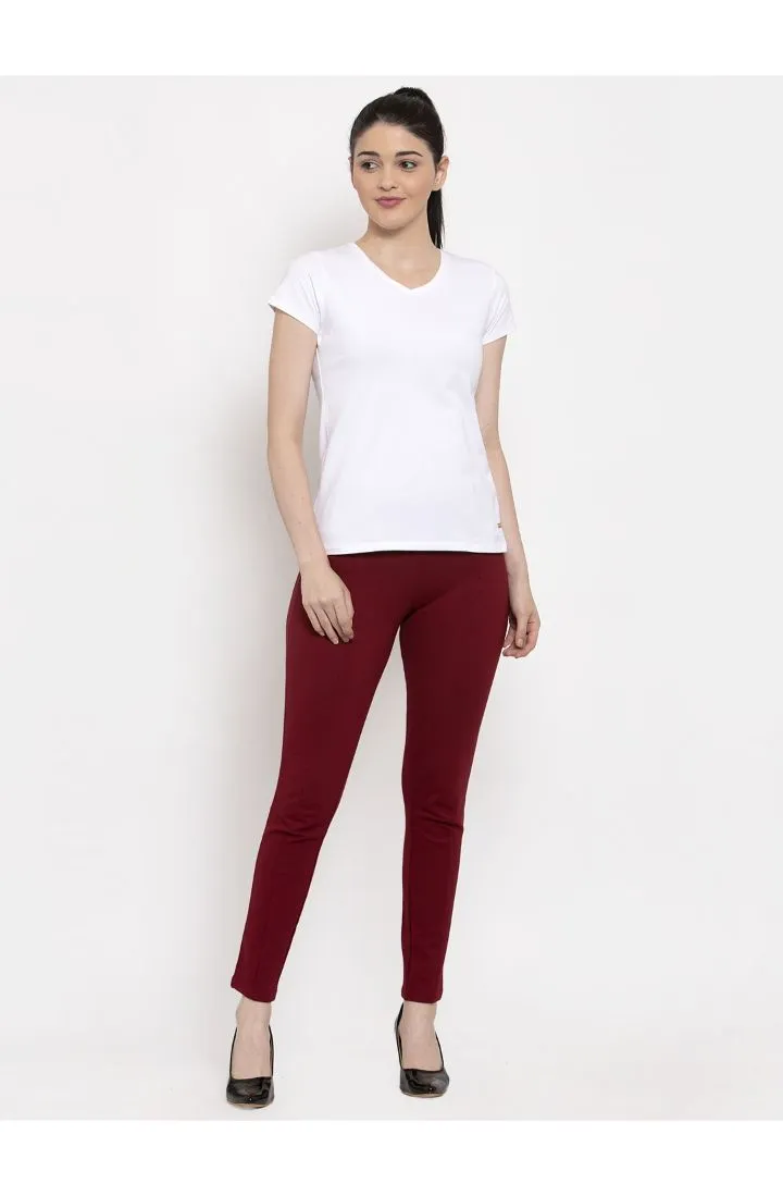 Women  Wine Solid Regular Treggings